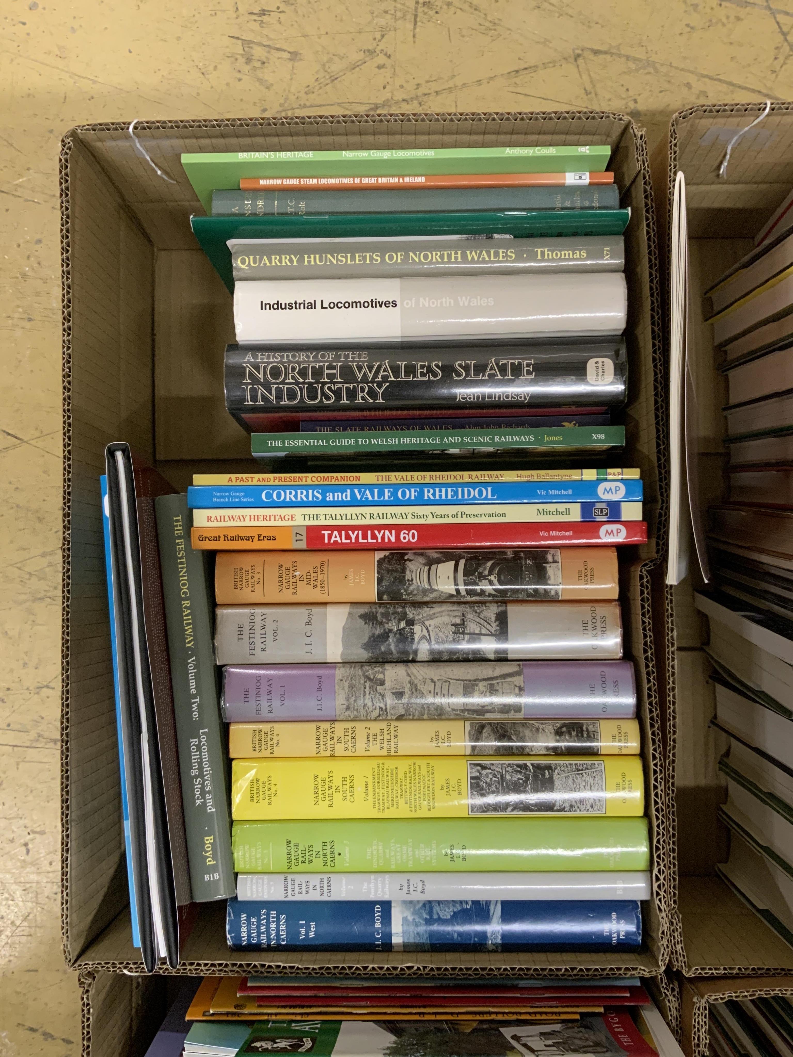 Eight boxes of railway related books, subjects include; the Great Western Railway, industrial locomotives, North British Railway, the Ffestiniog Railway, etc. publishers include; Oakwood Press, Pen & Sword, Ian Allan, Da